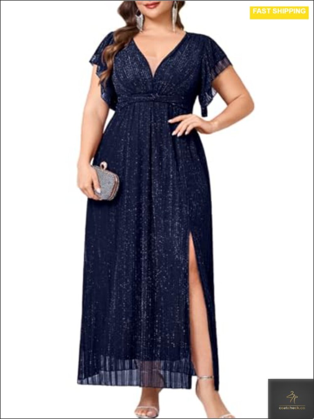 Plus Size Sparkly Formal Maxi Dress V Neck Ruffle Sleeves Slit Evening Gown